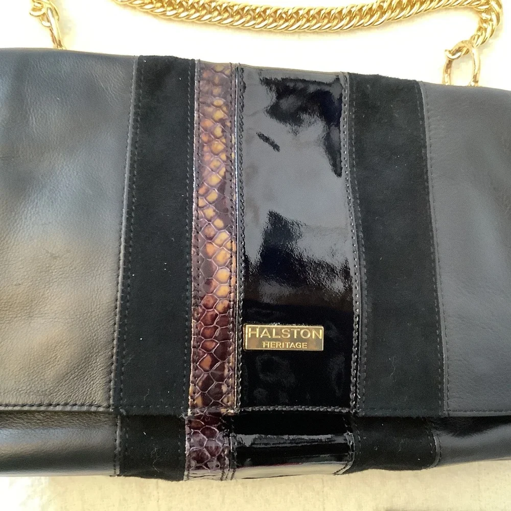 EUC Halston Heritage Black Leather suede shoulder  crossbody gold chain - Picture 3 of 17